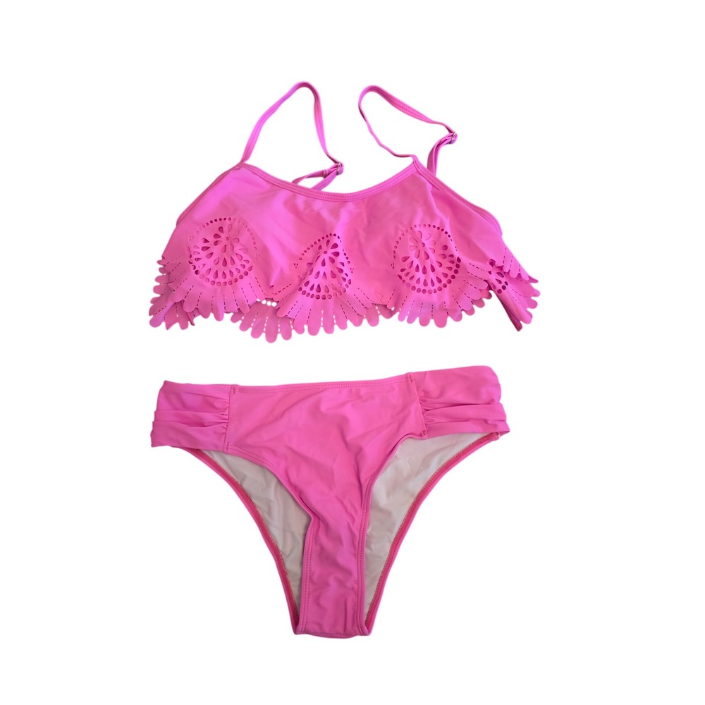 Peddney Hot Pink Flounce Eyelet Bikini Set High Waisted Two Piece Swimsuit Small